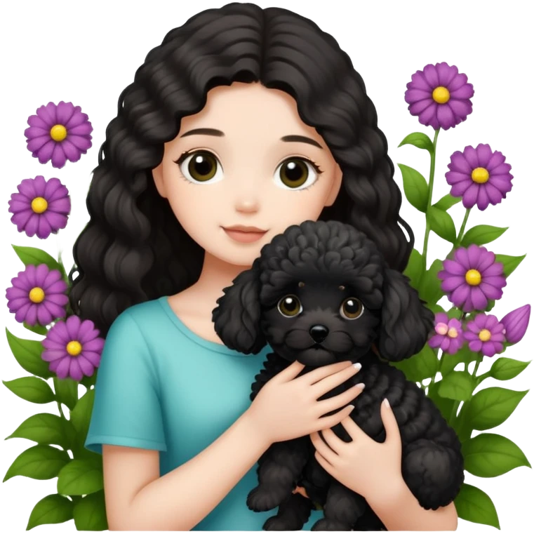 A long-haired girl holding a black maltipoo puppy in the flowers emoji