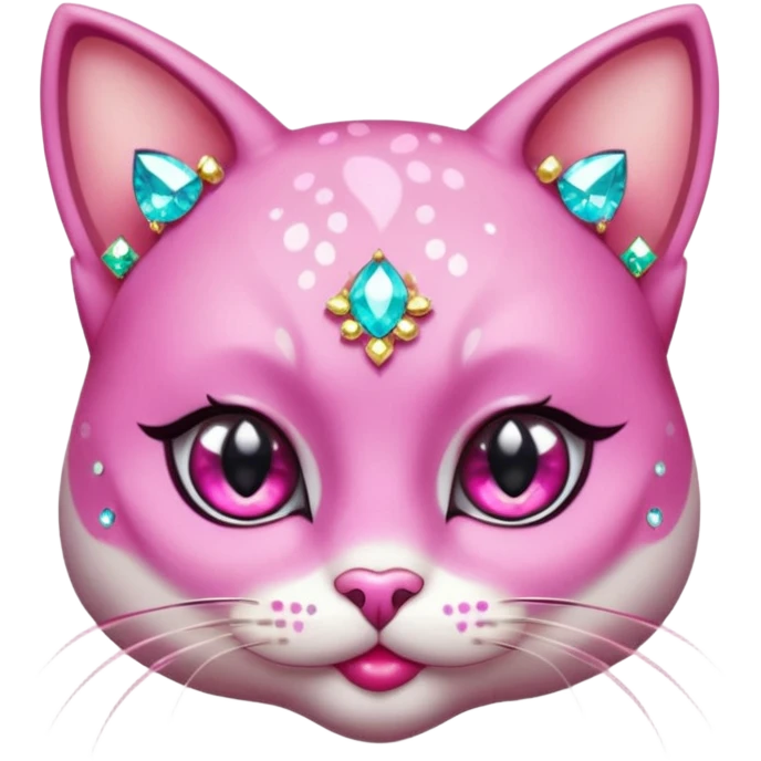 glamorous cat portrait, head and shoulders only, exaggerated pink makeup, bright eyeshadow, long eyelashes, shiny blush cheeks, sparkling face gems, glitter accents, elegant earrings, fantasy beauty style, cute 3D cartoon, mobile game icon style, clean background, no text, no watermark
 emoji
