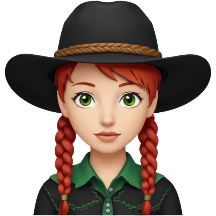 cowgirl with red hair green eyes black hat one braid in hair over right shoulder emoji