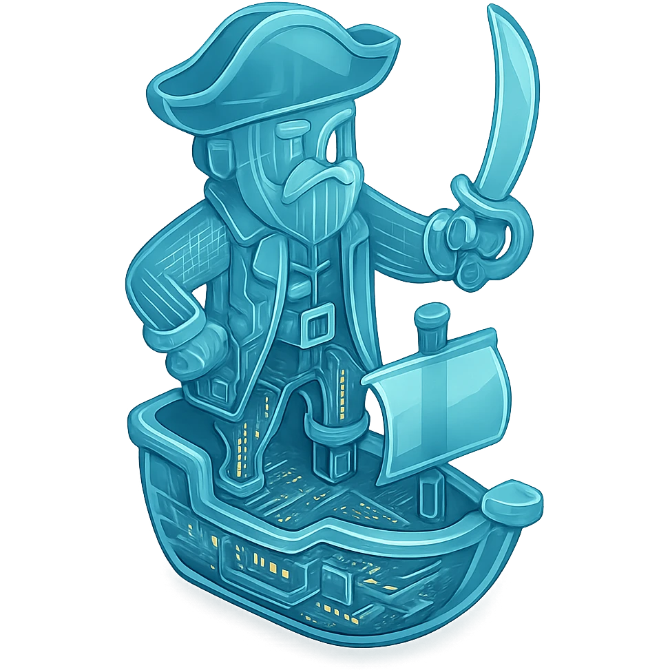 A pirate captain standing on a ship deck, with translucent body showing internal circuit patterns, wearing a tricorn hat and holding a sword emoji