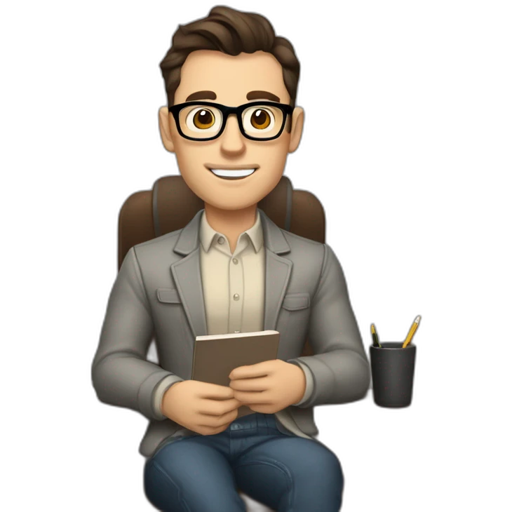 Pale skinned Fit Man With dark brown hair in gray jacket, beige office shirt and vintage glasses sitting In a soft chair with a notebook with emblem Ψ and a pen in his hands emoji