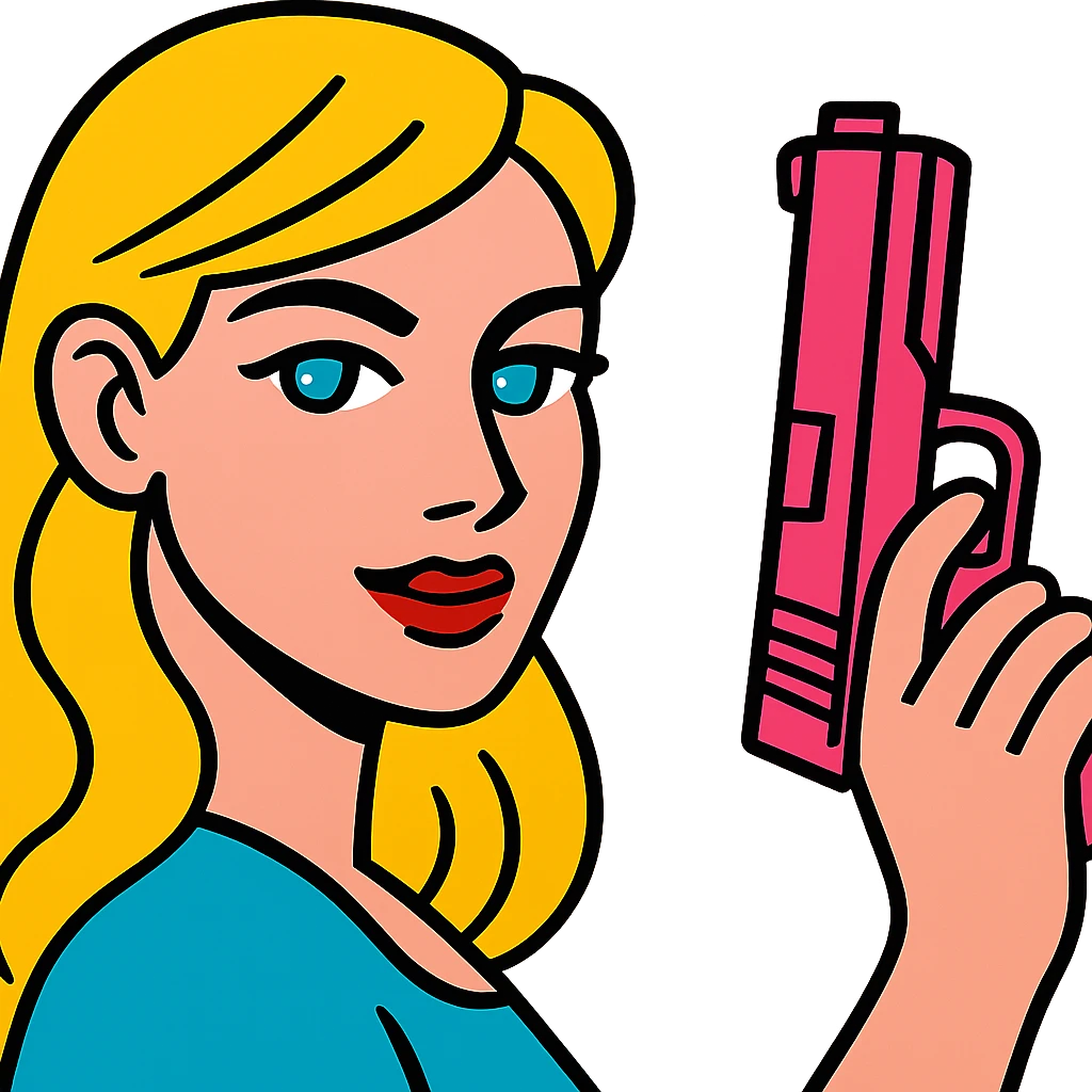 white girl with blue eyes, pink manicured hand holding a pink gun, confident expression emoji