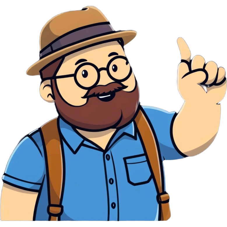 Fat bearded nerd wearing fedora hat pointing up to the sky with finger emoji