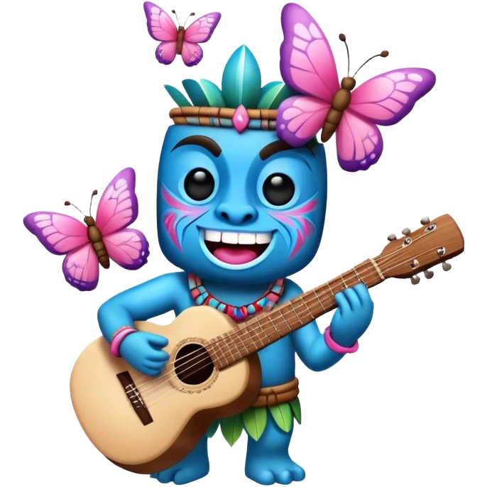 Pixar style little Cartoon Blue and pink tiki singing with a butterfly and playing a guitar, ultra detailed and lifelike imagery emoji