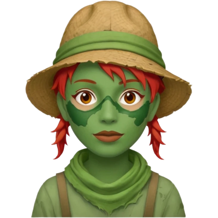 messy green full face green clay mask and tourist hat red hair  emoji