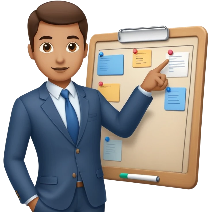 professional figure pointing at a task board or flowchart. The character wears business casual clothing emoji