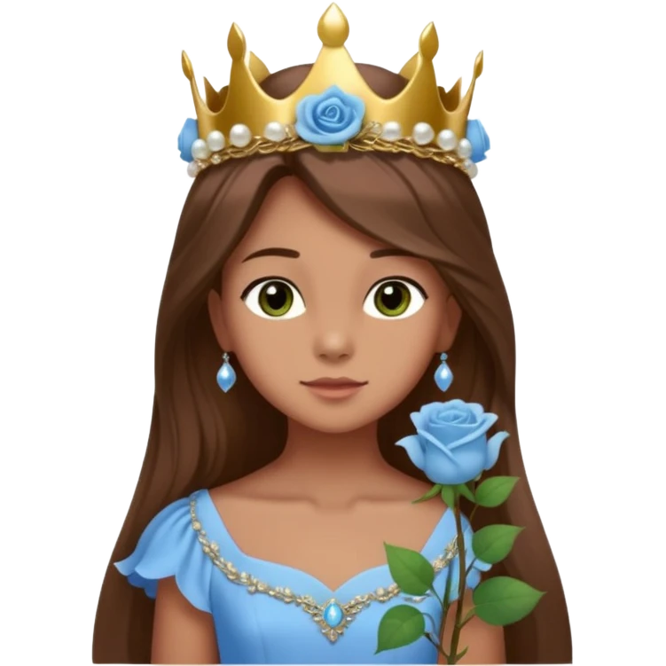 a 12 year old girl with shinny long brown hair and pretty green eyes that have long dark eye lashes wearing a sky blue gown in a beautiful forest with adorable animals and stunning roses and lilacs surrounding her as she smells the only sky blue rose she is also wearing a crown that has pearls emoji