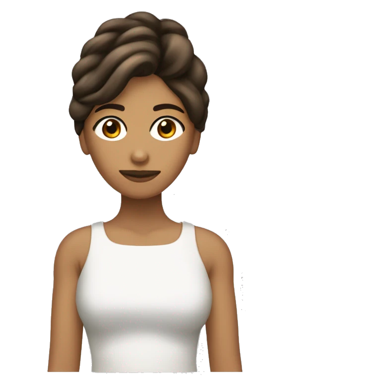 Mujer cabello castaño oscuro largo ondulado y flequillo ojos almendra emoji