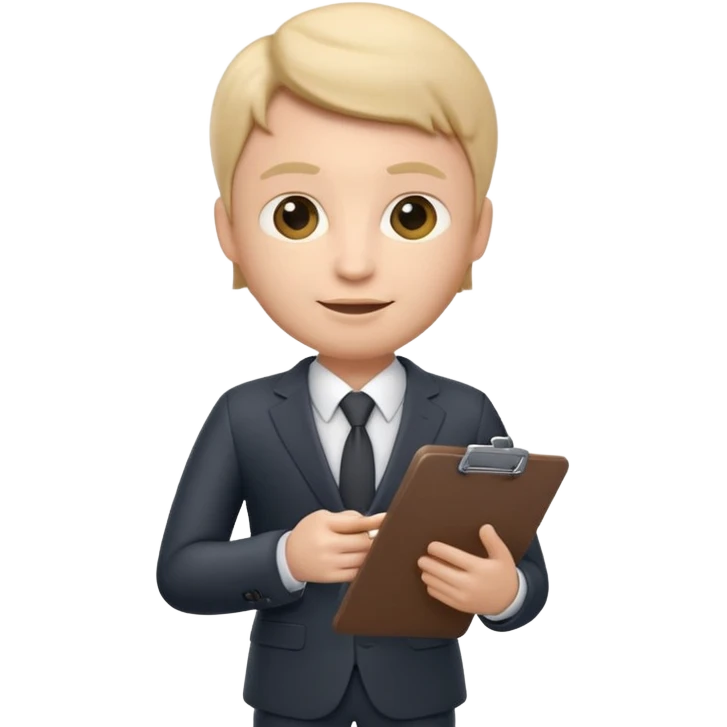 Apple Memoji-style 3D emoji of a manager character in a suit holding a clipboard, soft shading, rounded shapes, clean gradients, no background.
 emoji