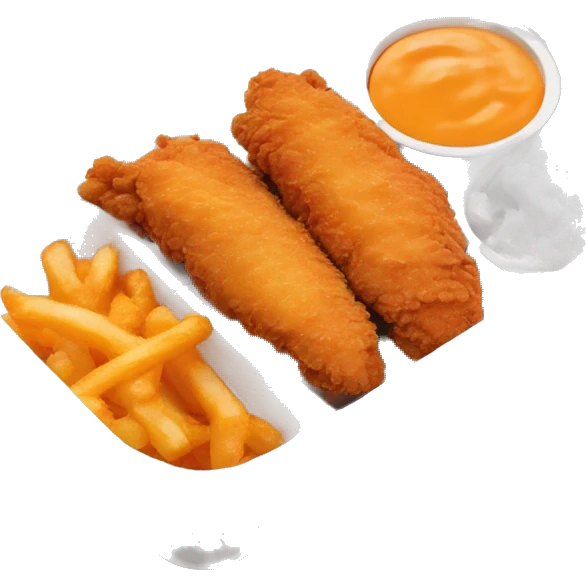3 chicken tenders with crinkle fries and orange sauce on the side in a styrofoam container styrofoam container emoji