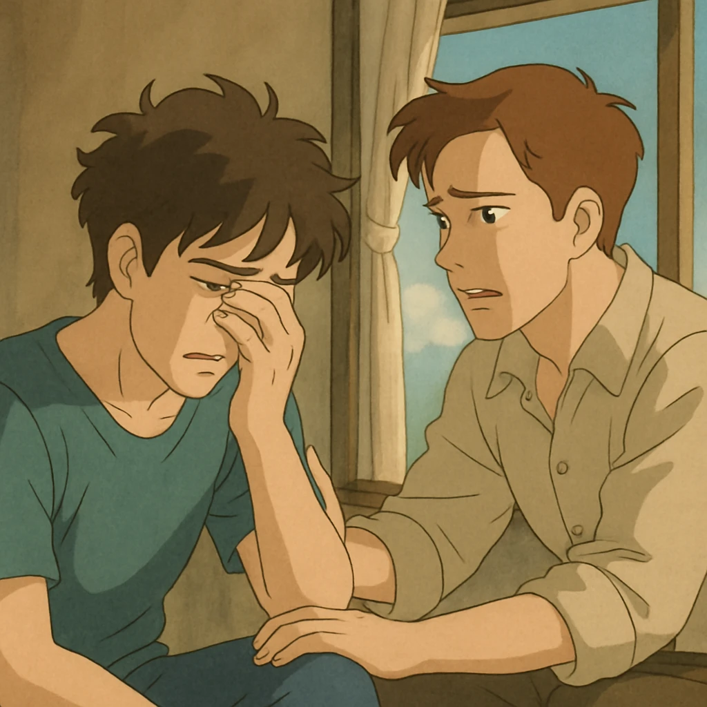 two men, gay couple, breaking up, emotional scene, in ghibli style emoji