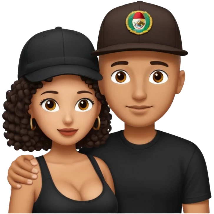 A picture of an embracing tanned couple. the man is a Mexican man with tanned skin, with a bald hair cut wearing a SnapBack hat and a black shirt. the woman has curly dark brown hair and with big boobs emoji