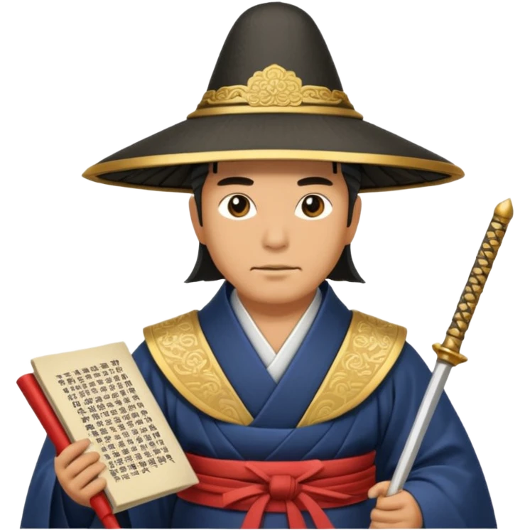 Samurai lord, Elegant noble in long robes with tall hat, holding a scroll of orders. emoji