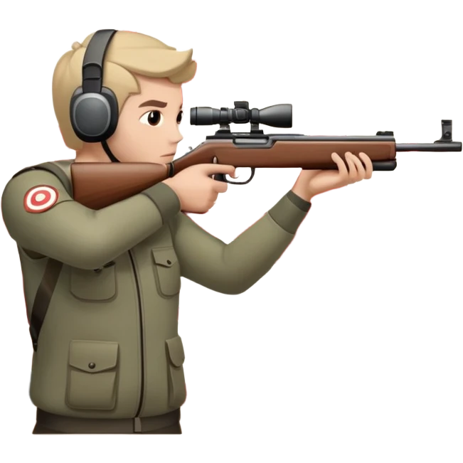 A focused shooter aiming a rifle at a target, standing in a shooting range with perfect posture. The target is in clear view, and the atmosphere is intense and precise, emphasizing concentration, accuracy, and discipline in the sport of shooting. emoji