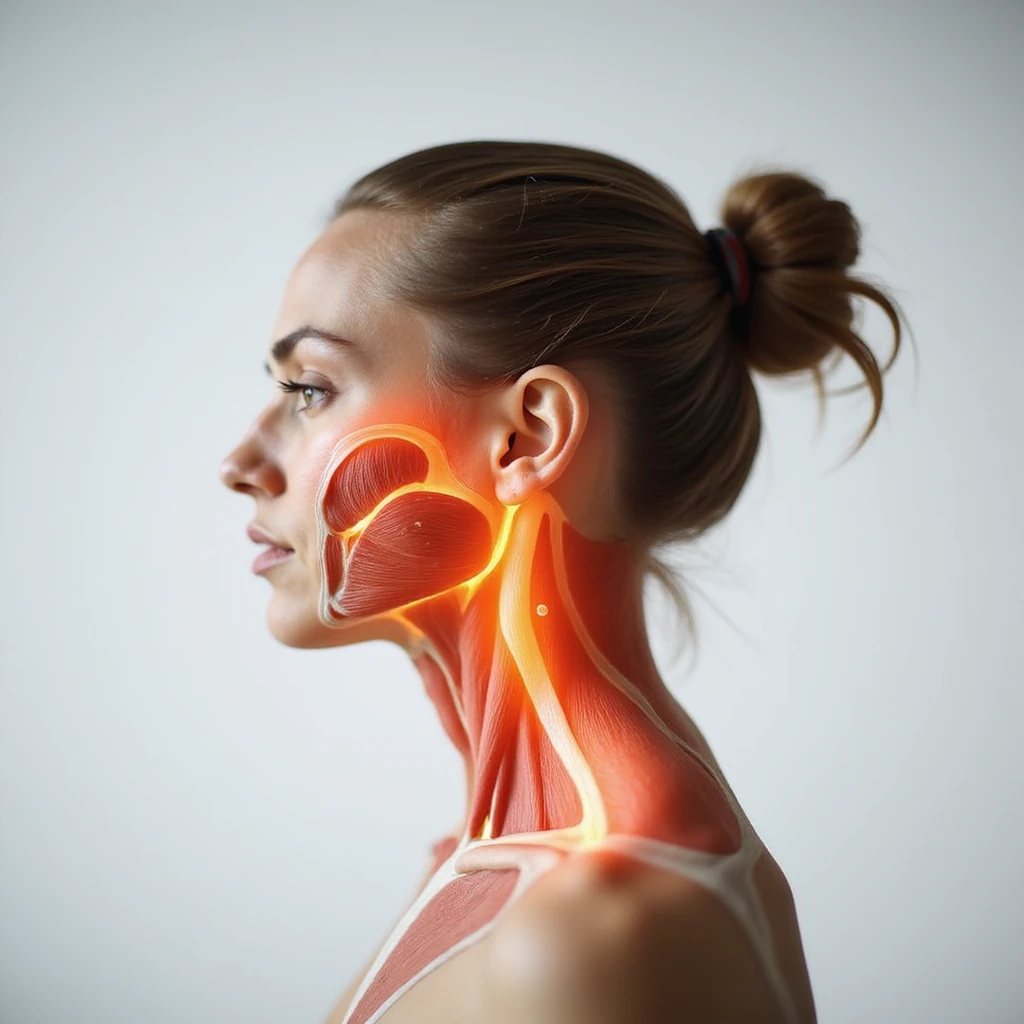 realistic anatomical view of a woman showing head and neck muscles highlighted, expression of pain indicating headache, neutral background emoji