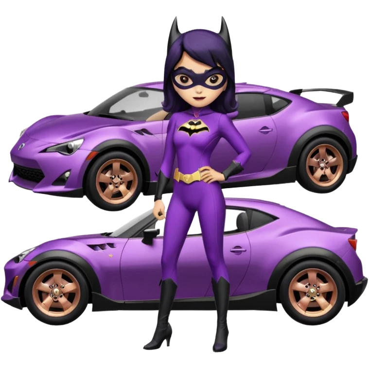 Relaxed adult 60’s Batgirl themed Satin black and rose gold colored Scion FR-S hot rod off road capable (tight fitting purple suit with black hair on her) emoji
