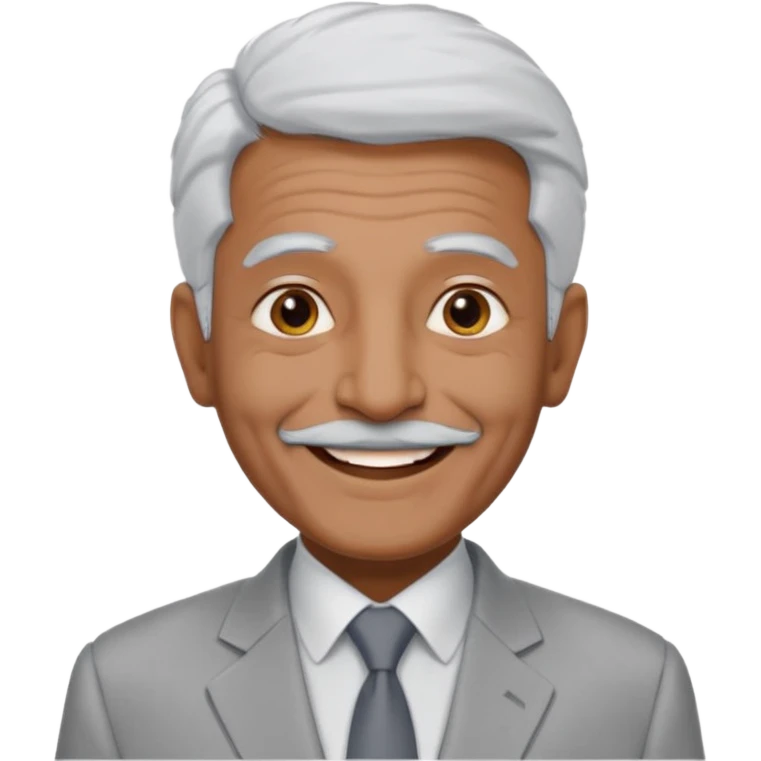 70 yr old man, very short spike white hair, pakistani, light grey business suit, big smile, dark skin, no facial hair
 emoji