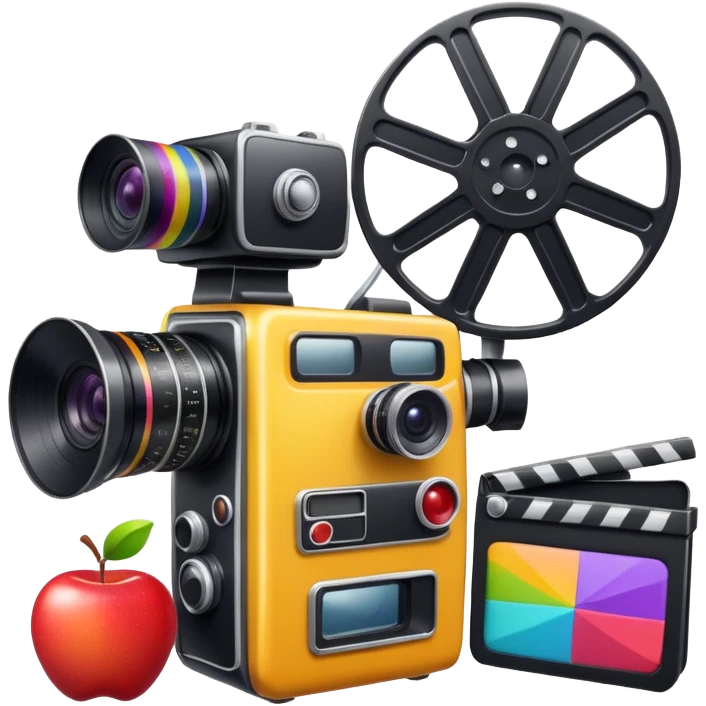 market stall with video camera and film reel, colorful and inviting, apple style emoji emoji