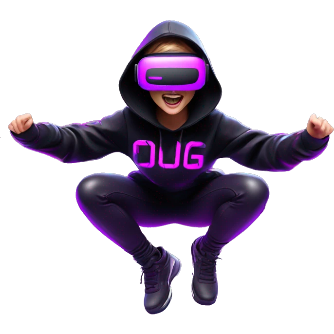 Russian girl wearing black hoody with violet letters "OMG", in vr headset oculus quest2. jumping. Cyberpunk style. Violet neon. emoji