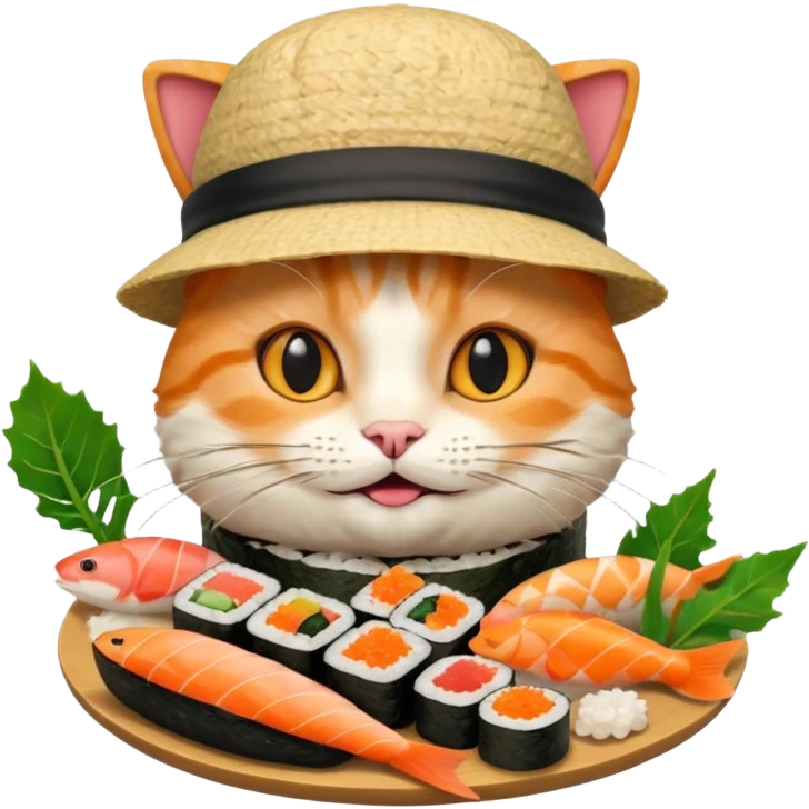 happy cat wearing a hat made out of sushi emoji