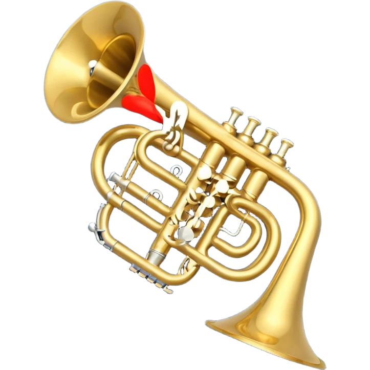 “Flat vector icon of a golden side-view trumpet with mouthpiece, bell, and three valves, thick outline, centered on a deep navy blue rounded-square (or circle); from the bell, 2–3 small white or light-blue music notes with dark outline emerge.  emoji