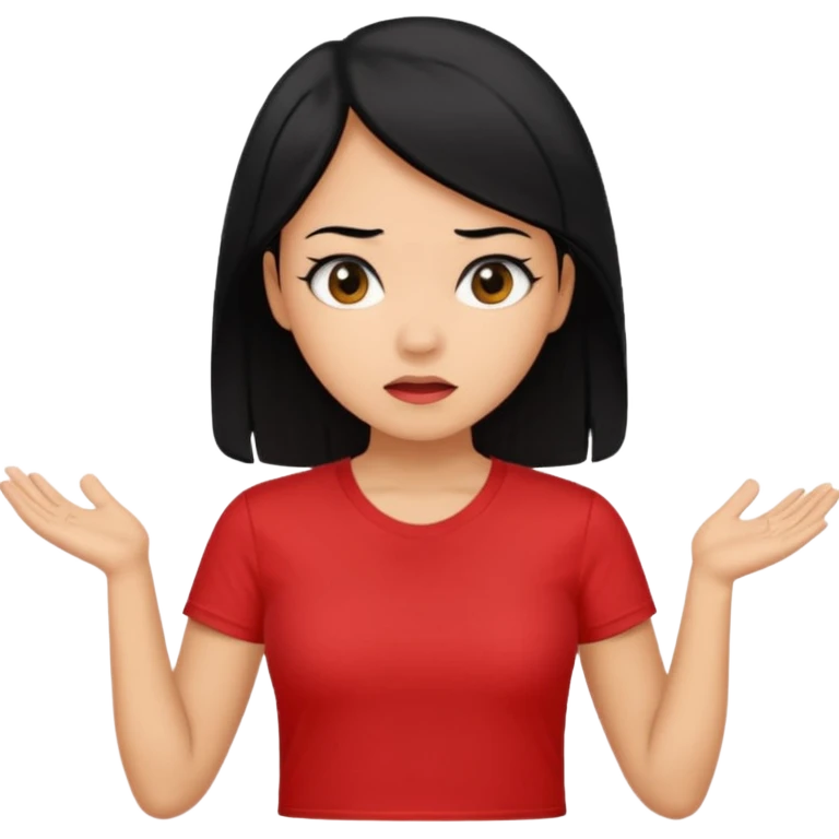 빨간색 티셔츠를 입고 검정머리를 가진 여성이 모르겠다는 듯이 어깨를 올리는 제스처를 하고있음 🤷🏻‍♀️ emoji
