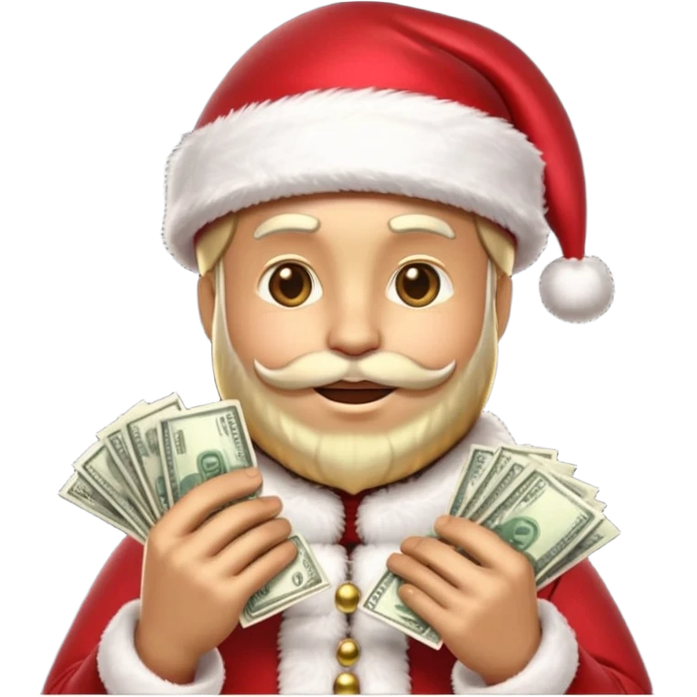 A confident rich emoji face wearing a Santa hat, money stacks, casino vibe, New Year theme, premium 3D emoji style, sharp details, no text, isolated on transparent background emoji
