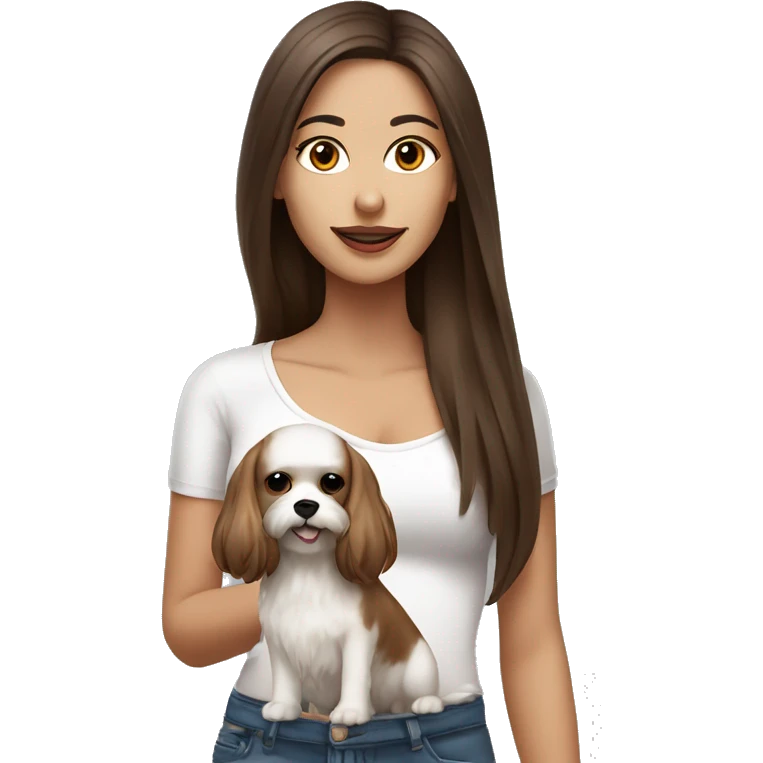 beautiful woman, straight long medium brown hair, big boobs, brown eyes With white Maltese dog emoji