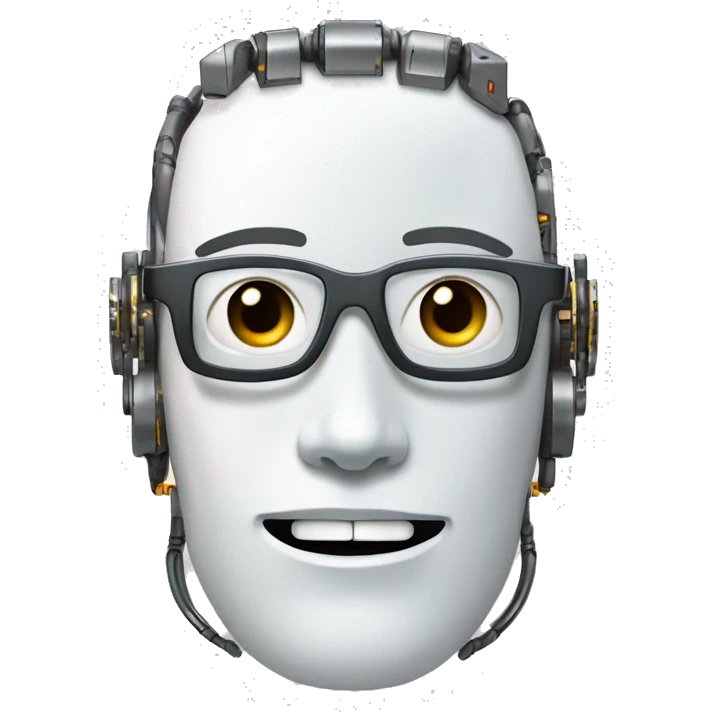 Robotic Cyborg head with fair skin, flat top haircut, rectangular glasses, circuits and smiling  emoji