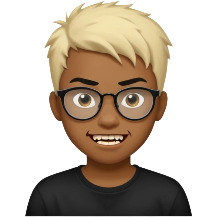 Black Male Teenager with Short punk messy blonde hair, Dark brown bushy eyebrows large expressive golden-brown eyes, wearing a plain white t-shirt, wearing thick black glasses, Dark Brown skin color. Showing off his vampire tooth emoji