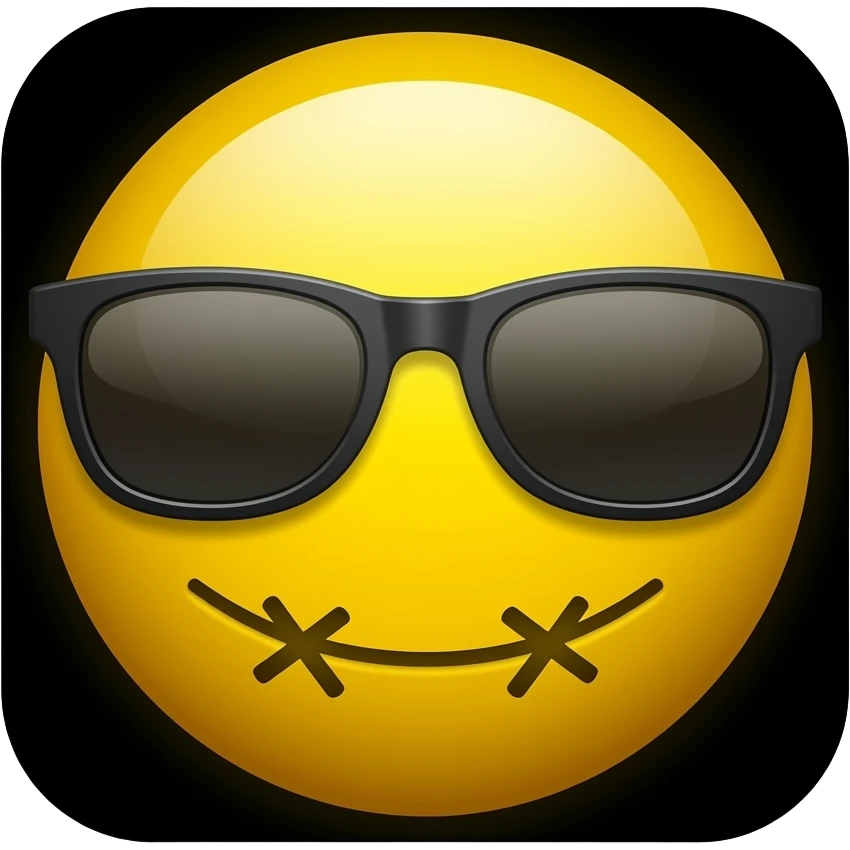 Emoji de cara redonda amarilla con gafas de sol oscuras, la luz se refleja en su superficie, . que el fondo sea negro con la boca con puntos de sutura en forma de x xxxx emoji