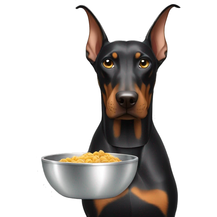 Doberman with pointed ears holding a silver dog bowl in its mouth emoji