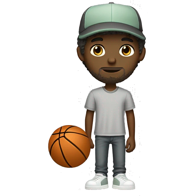 Skinny white boy with greenish brownish eyes with shaggy brown hair with a basketball hat and grey tee shirt and dark grey jeans emoji