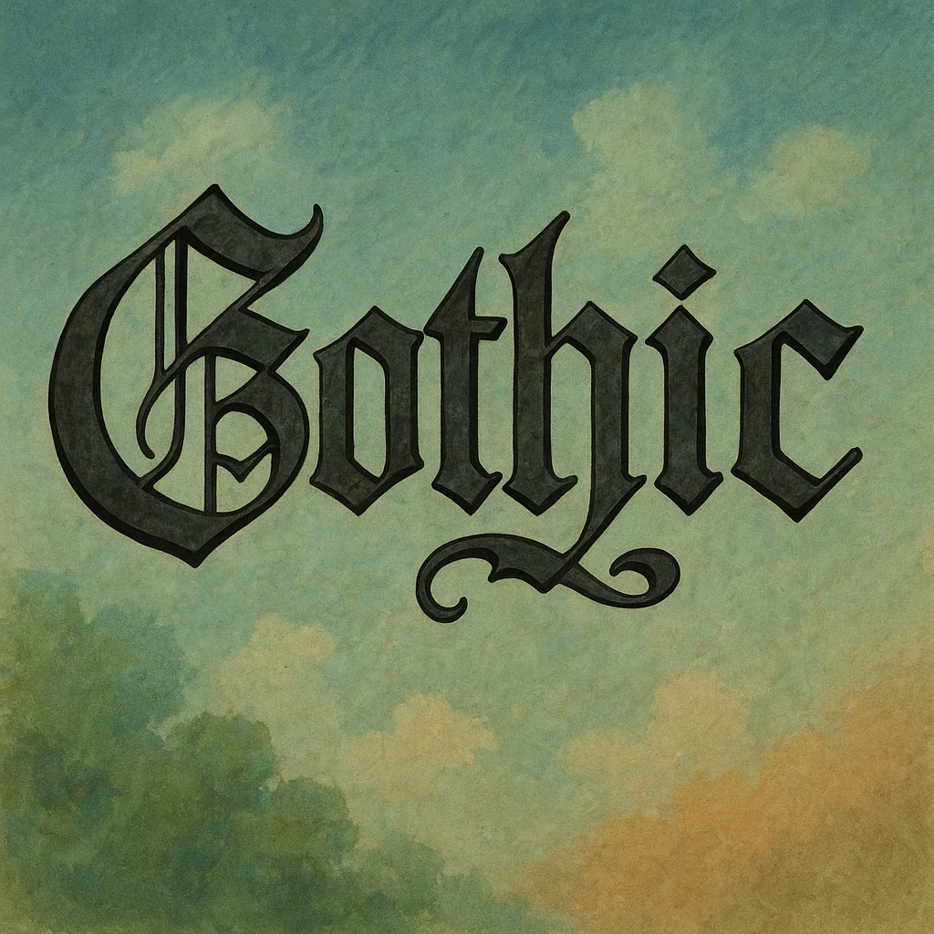the word 'Gothic' in ornate gothic calligraphy, ghibli style emoji