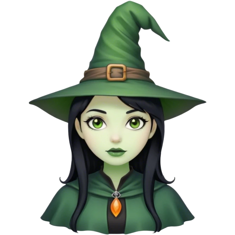 a lady with green skin and black hair wearing a witch hat  emoji