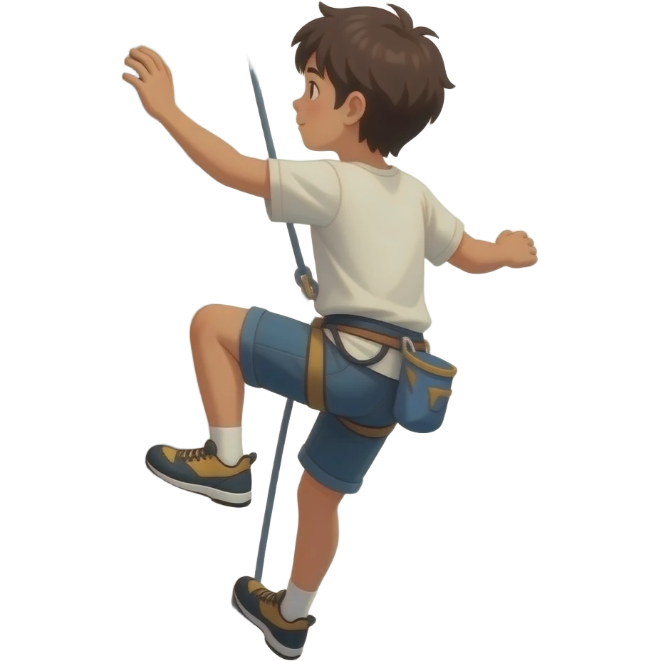un niño de 12 años que se le vea todo el cuerpo, que sea moreno y que tenga el pelo medianamente largo. no tan moreno. que este escalando de espaldas y que solo este el chico sin nada en sus manos pero que este escalando emoji