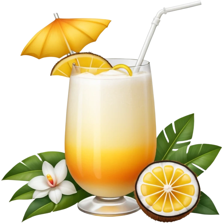 A beautiful cocktail with a creamy white to orange gradient, containing coconut juice and mango, reminiscent of summer. Above, there are tropical flowers, lemon slices, and straws. emoji