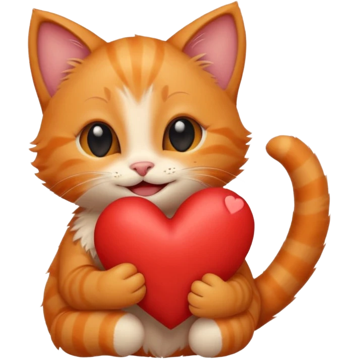 The ginger kitten is hugging a heart, very happy and smiling, he has a very beautiful face. emoji