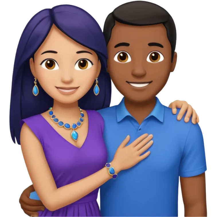 smiling embracing interracial couple. man is tan and has brown straight hair he is wearing blue. woman has very dark color skin and long black hair. she is wearing purple and has matching blue jewelry on emoji
