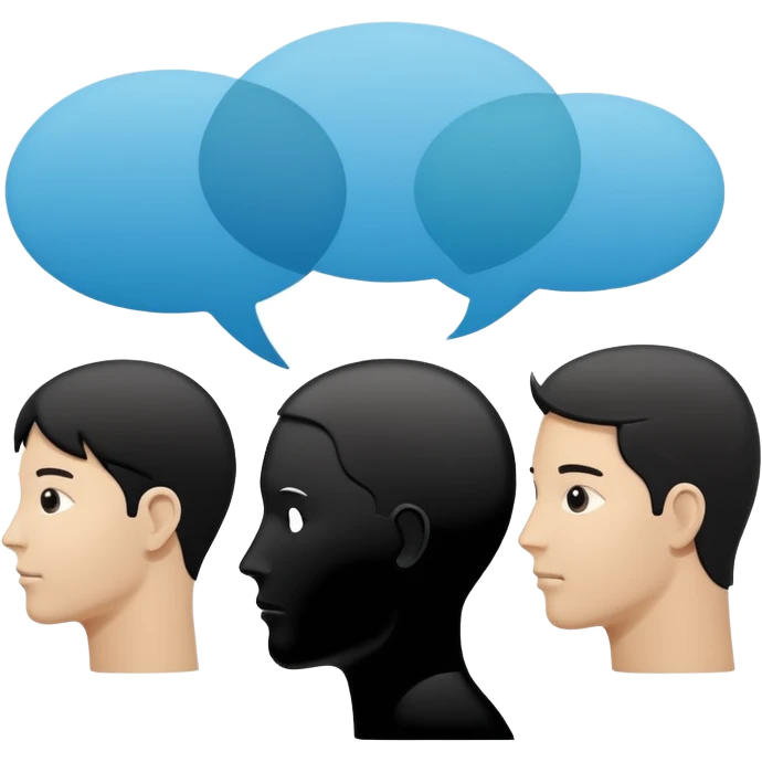 Minimalistic flat vector icon, iOS style, thin black contour on white background. Human head with speech bubble and small group of people silhouettes listening. Clean, no text, no shadows emoji