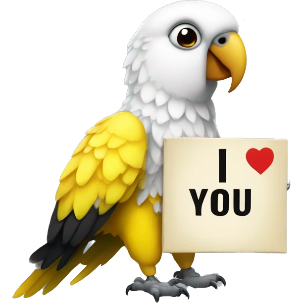 white and yellow parrot  holding a sign with the black inscription i love you emoji