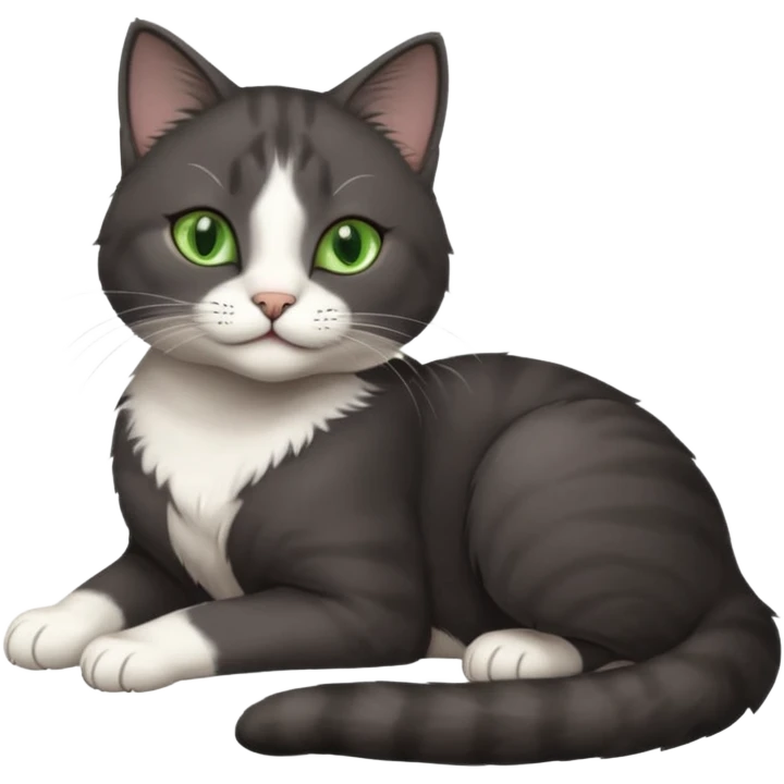 beautiful female solid dark grey cat with green eyes, white toes/paws and white patch on her chest lying down emoji