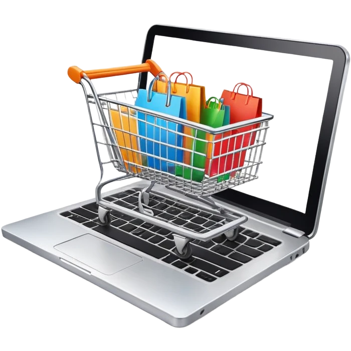 laptop with a shopping cart on the screen, representing online shopping and e-commerce emoji
