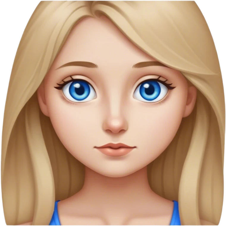 dark blonde haired girl, with blue eyes, a mole on the left side of her lower face, prety emoji