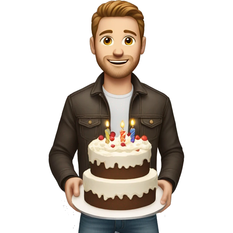 White man brown hair jeans jacket with birthday cake emoji