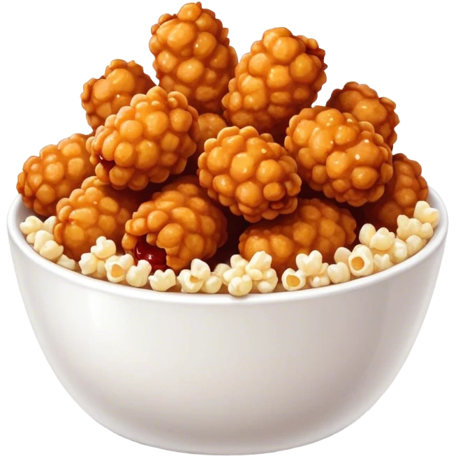 Korean Fried Chicken Cinematic Realistic Korean Fried Chicken Dish Emoji, depicted as bite-sized popcorn chicken pieces generously coated in a glossy, spicy sauce, rendered with crisp textures and dynamic, appetizing lighting. emoji