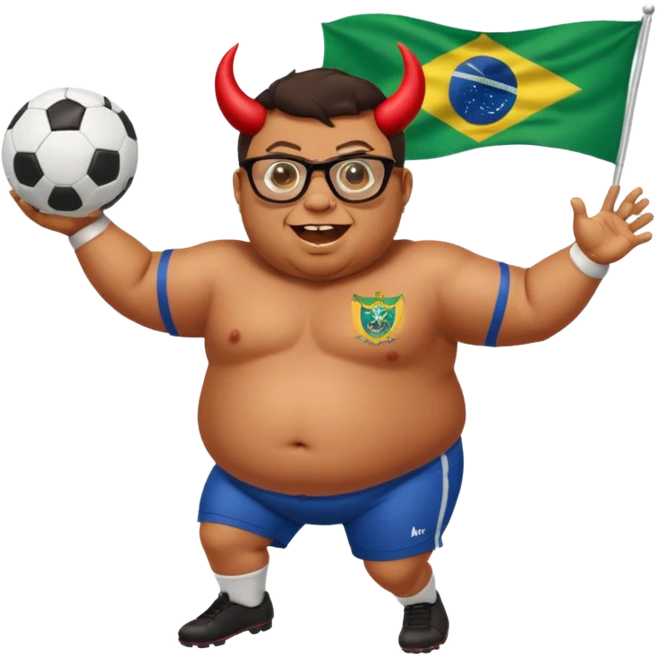 make an guy called pedro who is dancing with a football and playing brazzilian phonk and hee has glasses and is obese and make it look like hes listening to brazzilian phonk so it has a brazil flag and text saying phonk on it and give him demon laser eyes emoji
