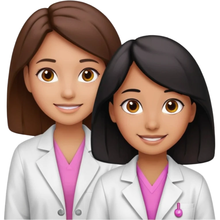 cientificas con blusa rosa y bata blanca felices, una chica con pelo marrón y otra chica un poco mas pequeña como una niña con pelo negro, deben tener la piel un poco bronceadas emoji