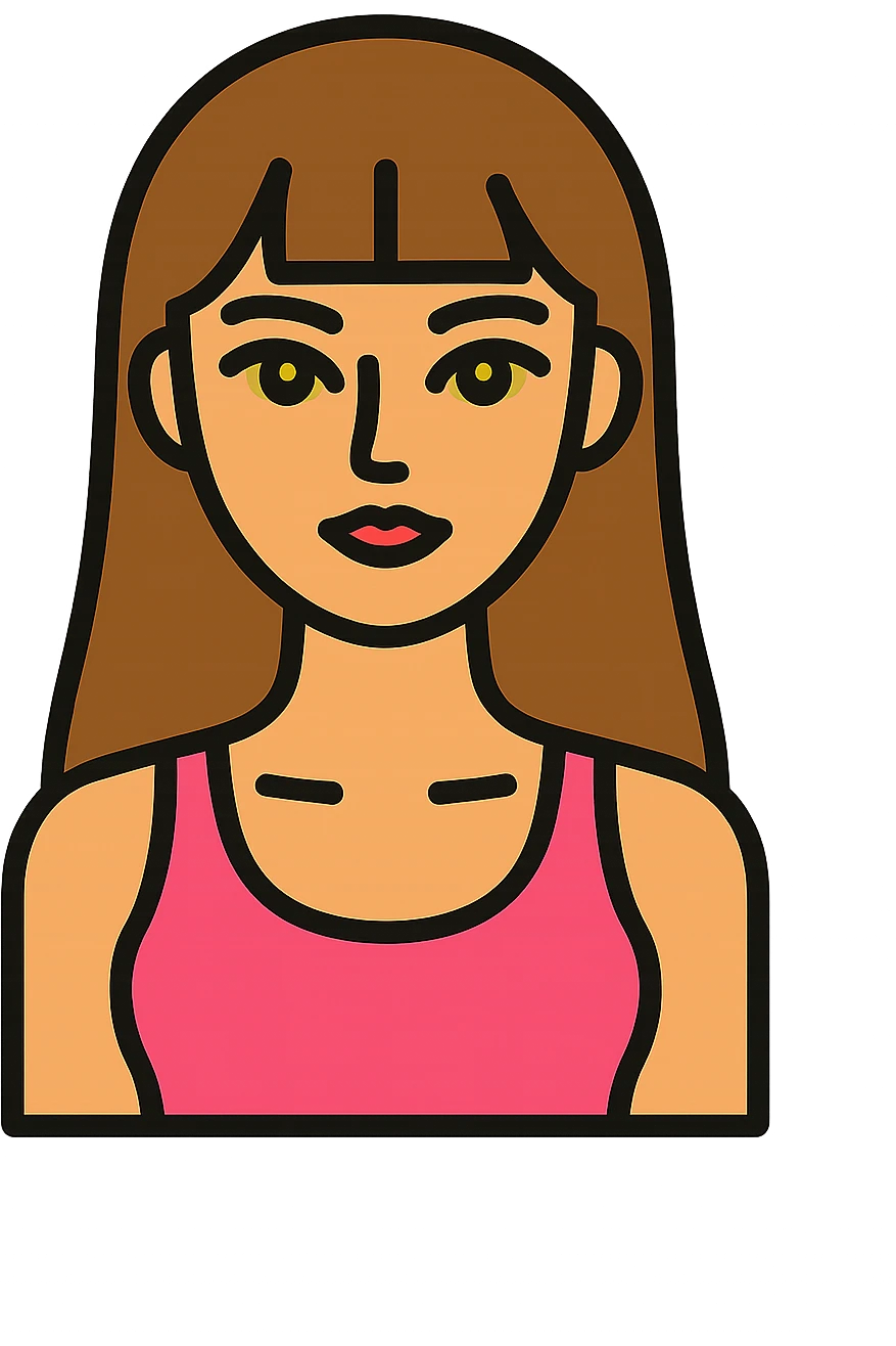 modern icon design of an American girl with long brown hair with bangs, hazel siren eyes, pink tank top, slim, clean and simple emoji