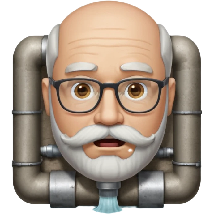 50 year old bearded and moustached white male wearing glasses with an open mouth. His mouth has been cast into a square frame made of concrete connected to a drain pipe. He is proud and thinks his right, while being slightly angry because the joke is on him. emoji